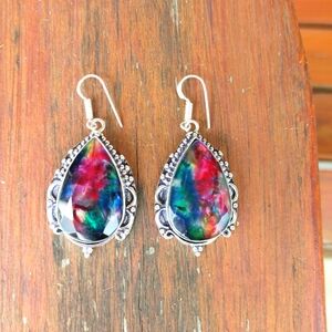 Ammolite Gemstone Earrings in 925 Sterling Silver (2.17")